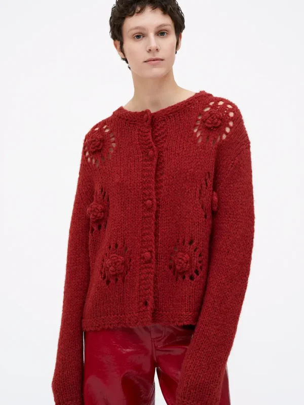 Wild Pony Red knit cardigan with crochet flowers