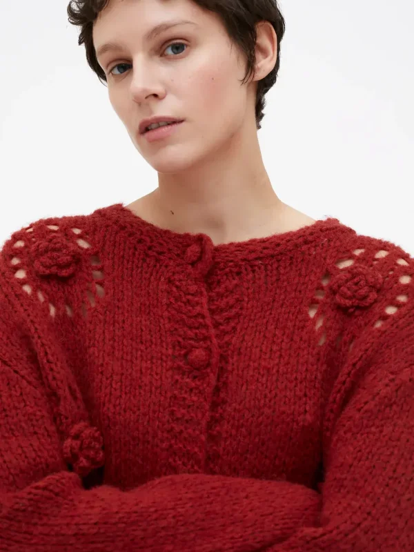Wild Pony Red knit cardigan with crochet flowers