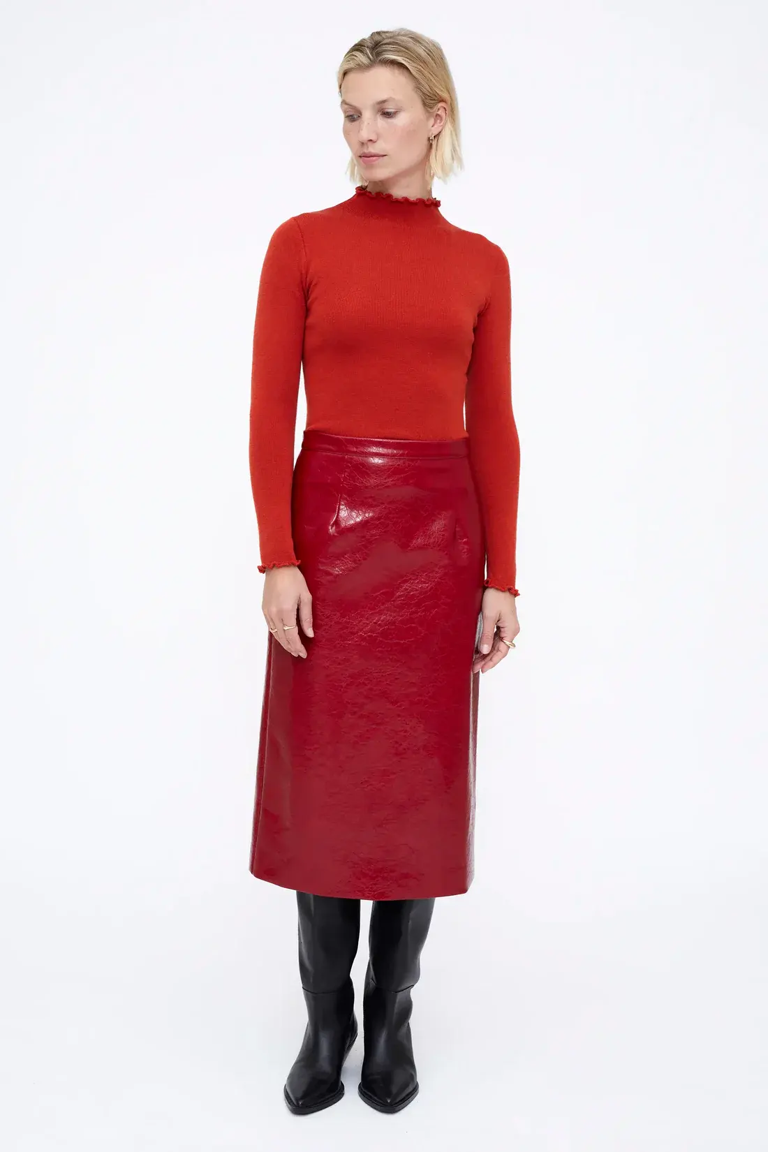 Wild Pony Red Faux Leather Midi Skirt